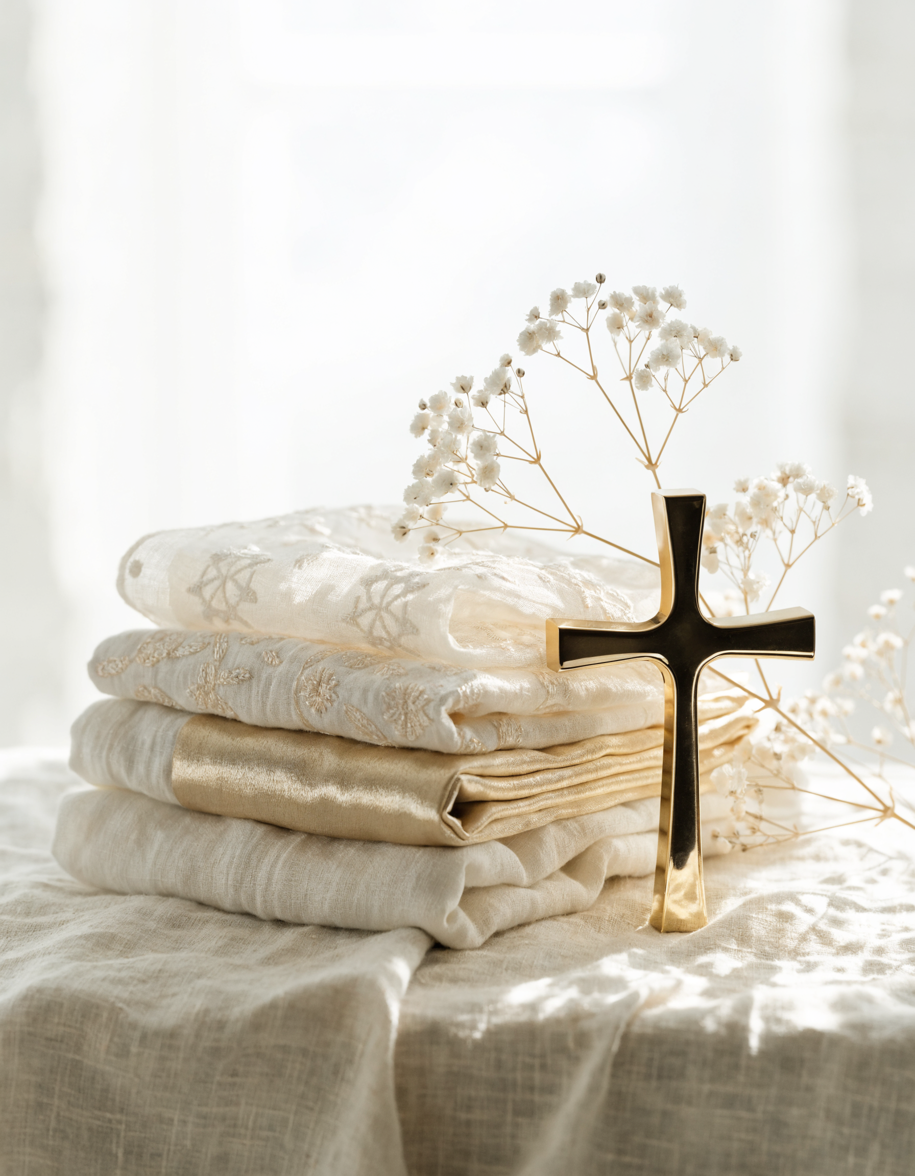 Folded ivory and gold vestments with a brass cross