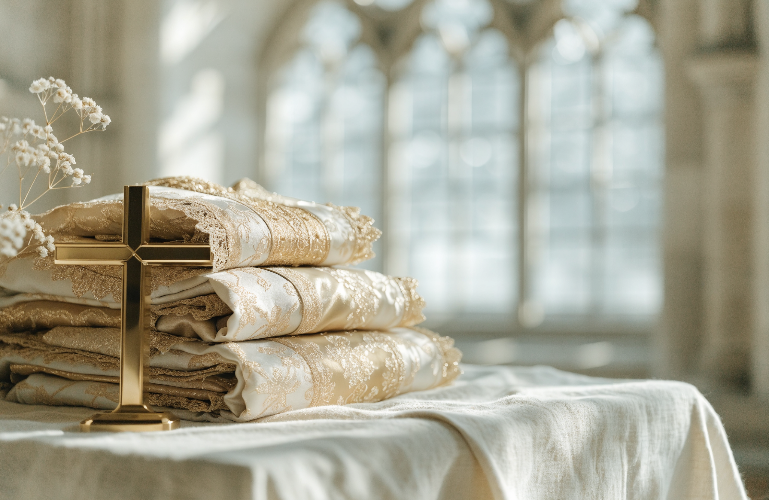 Vestments and brass cross in the atelier
